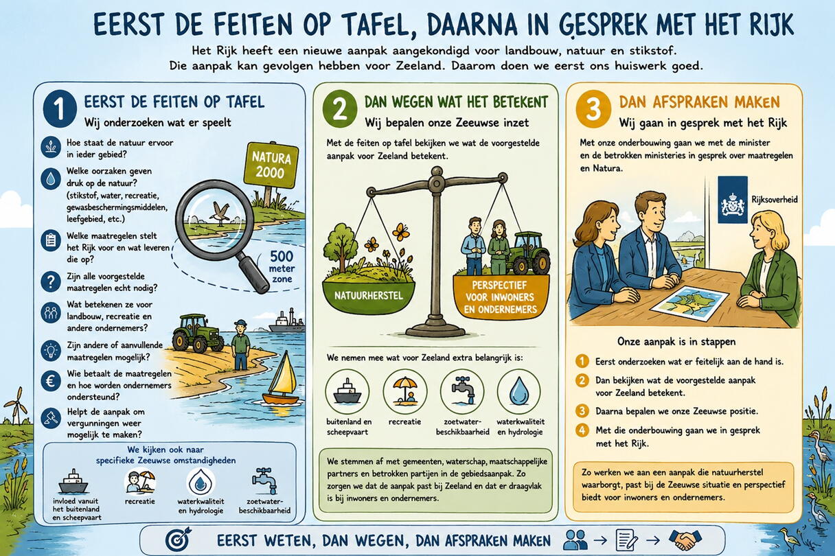 Afbeelding met daarop een getekende uitleg over hoe de Provincie Zeeland omgaat met het proces omtrent de Kamerbrief