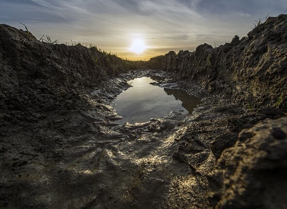 Langdurige regenval zorgt ervoor dat er grote plassen staan op de akkers van Noord-Beveland