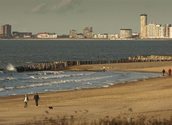Wandelen over het strand. Op de achtergrond de boulevard van Vlissingen.