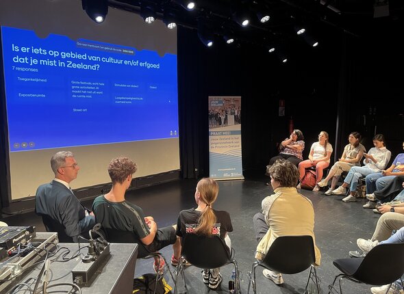 Gedeputeerde Van der Maas in gesprek met jongeren tijdens de denktanksessie cultuur en erfgoed van Jouw Zeeland