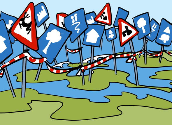 Getekende kaart van Zeeland met daarop alle projecten getekend op verkeersborden die moeilijk een vergunning kunnen krijgen