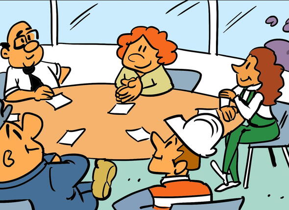 Mensen praten mee en zitten aan tafel. Door het raam kijkt het stikstofmonster.
