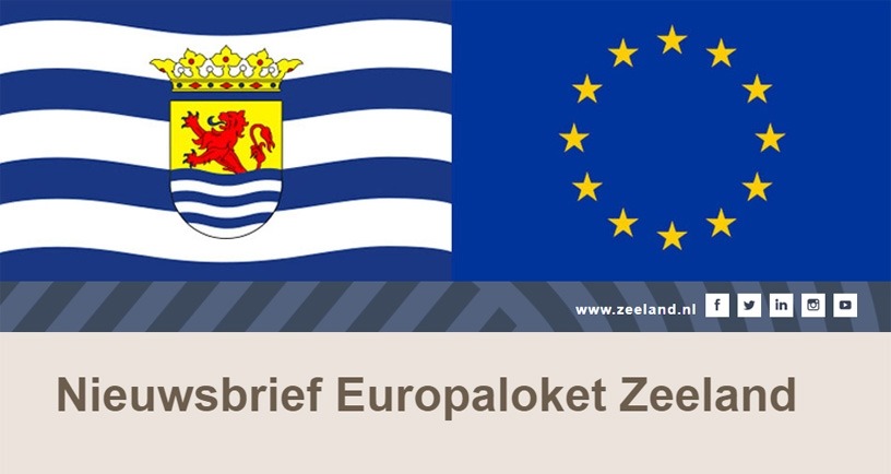 Nieuwsbrief Europaloket Zeeland. Links Zeeuwse vlag, rechts vlag Europa