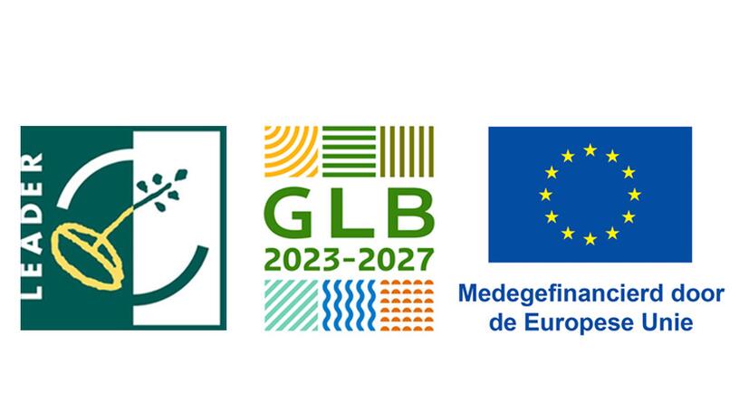 logo van LEADER, logo van GLB en logo EU met melding over medefinanciering