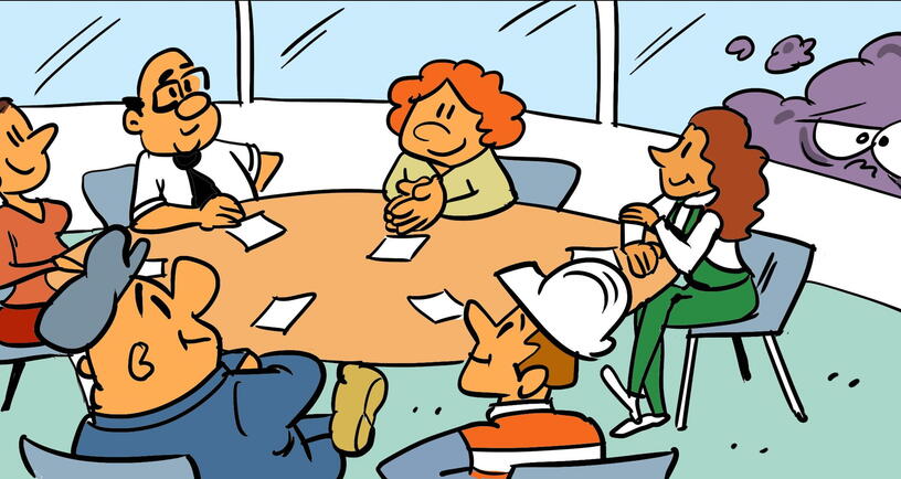 Mensen praten mee en zitten aan tafel. Door het raam kijkt het stikstofmonster.