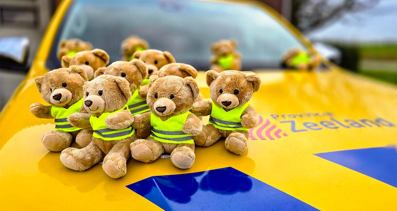 Knuffels op moterkap dienstauto weginspecteur
