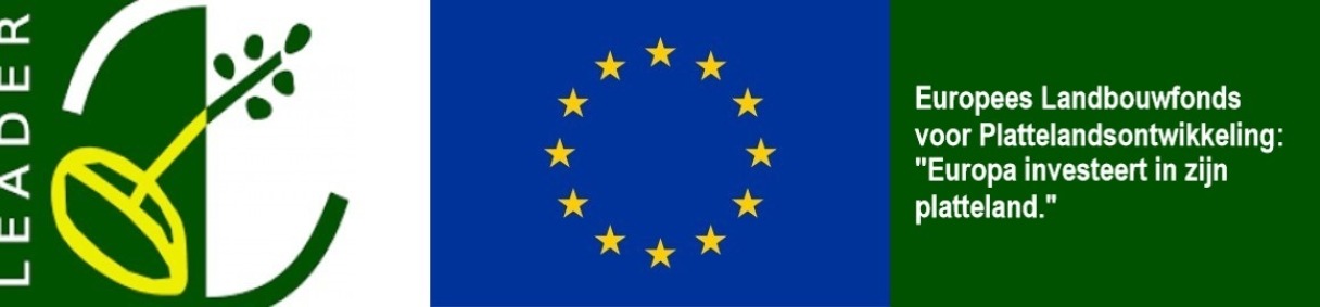 logo van LEADER en logo van Europa plus de tekst van het Europees Landbouwfonds voor Plattelandsontwikkeling: "Europa investeert in zijn platteland".