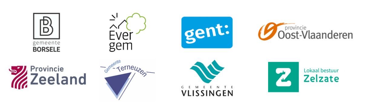 Logo's van gemeente Borsele, gemeente Evergem, Gemeente Gent, Provincie Oost-Vlaanderen, Provincie Zeeland, gemeente Terneuzen, gemeente Vlissingen en gemeente Zelzate
