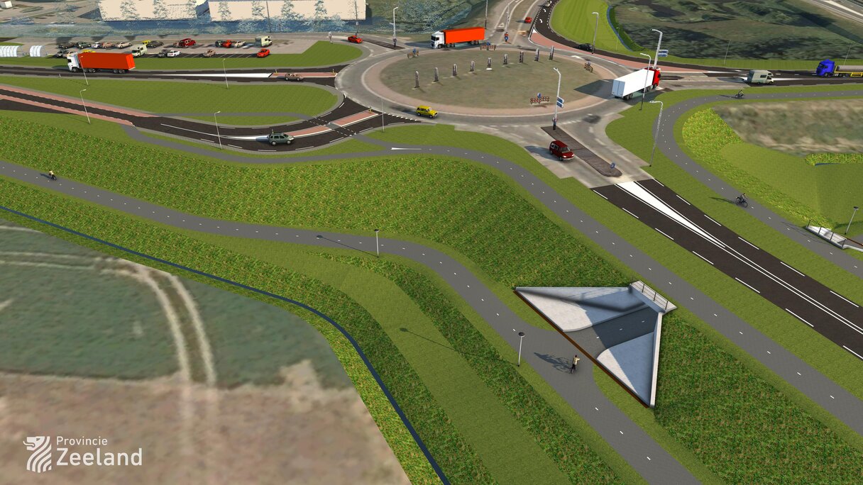 Zicht op de rotonde bij Nishoek, waar twee fietstunnels worden aangelegd.