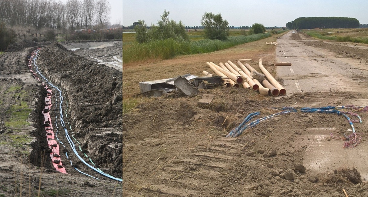 Titel: Waterdunen verwijderen kabels en leidingen collage 2018. Er zijn twee foto's. Links zijn de nieuwe leidingen in de grond en rechts oude leidingen langs de weg. 