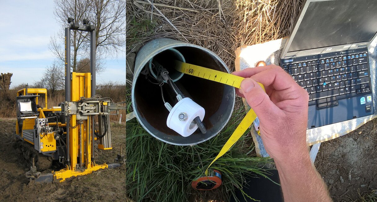 Collage met twee foto's, links aanbrengen sonderingen  en rechts monitoring uitleesapparatuur